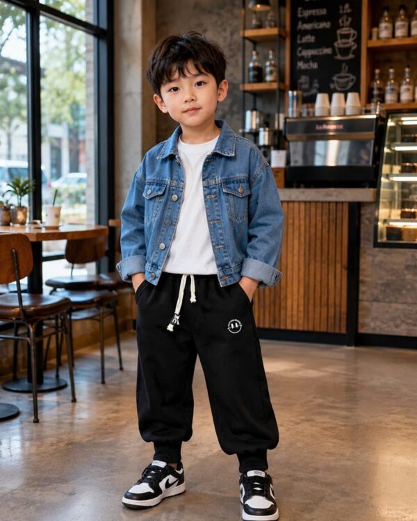 Quần Nỉ Hai Da Bé Trai Ống Rộng Bo Gấu Màu Đen Thêu Đùi 6322 màu Đen cho bé 6–8 tuổi (20–35 kg) - Ảnh đại diện người mẫu mặc thực tế