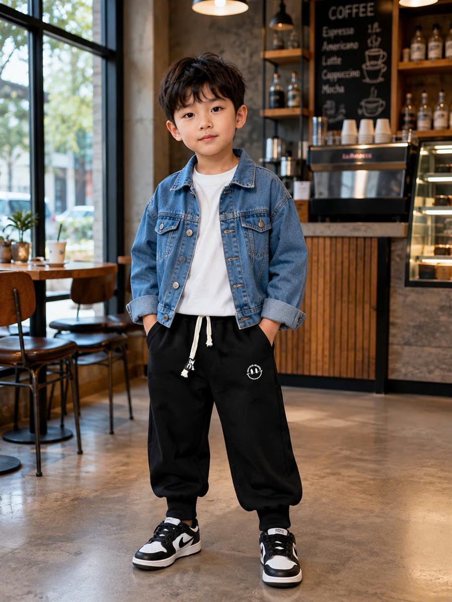 Quần Nỉ Hai Da Bé Trai Ống Rộng Bo Gấu Màu Đen Thêu Đùi 6322 màu Đen cho bé 6–8 tuổi (20–35 kg) - Ảnh đại diện người mẫu mặc thực tế
