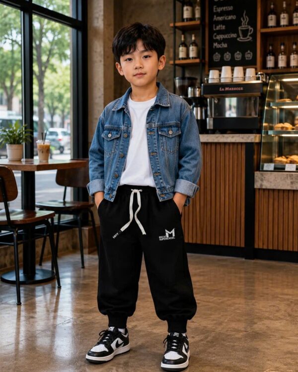 Quần Nỉ Jogger Bé Trai Màu Đen Thêu Chữ M Trước Đùi 7316 màu Đen cho bé 8–10 tuổi (30–45 kg) - Ảnh đại diện người mẫu mặc thực tế