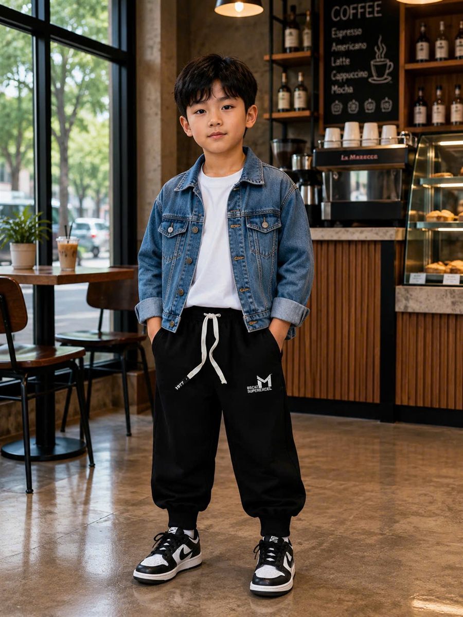 Quần Nỉ Jogger Bé Trai Màu Đen Thêu Chữ M Trước Đùi 7316 màu Đen cho bé 8–10 tuổi (30–45 kg) - Ảnh đại diện người mẫu mặc thực tế