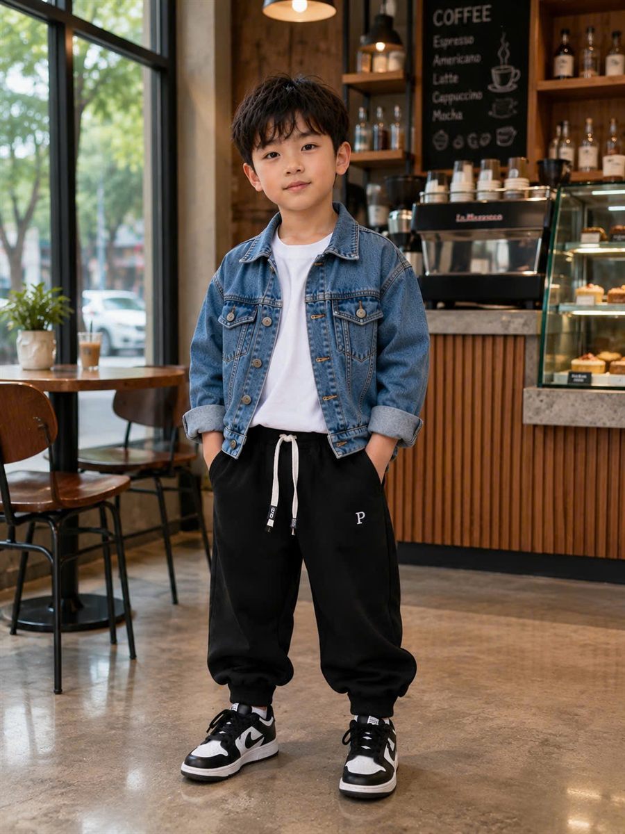Quần Nỉ Jogger Bé Trai Màu Đen Thêu Chữ P Trước Đùi 7317 màu Đen cho bé 8–10 tuổi (30–45 kg) - Ảnh đại diện người mẫu mặc thực tế